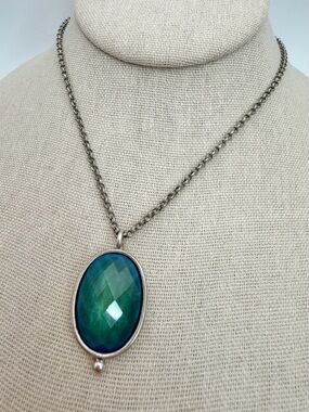 Baked Beads Blue-Green Faceted Oval Pendant Necklace